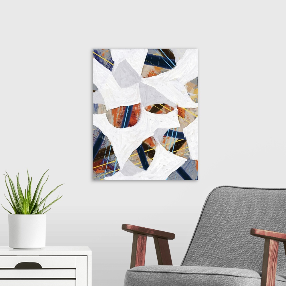 A modern room featuring An abstract view of fall leaves using lines and textured shapes.