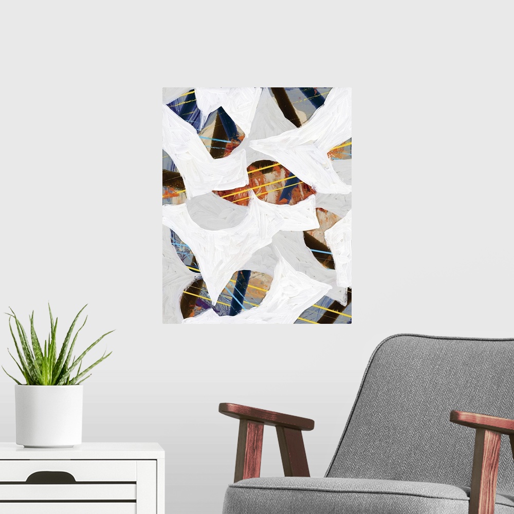 A modern room featuring An abstract view of fall leaves using lines and textured shapes.