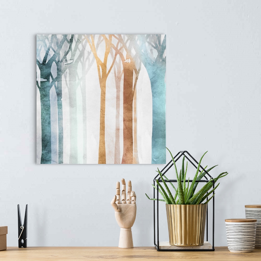 A bohemian room featuring Contemporary home decor artwork of colorful watercolor trees against a distressed background.