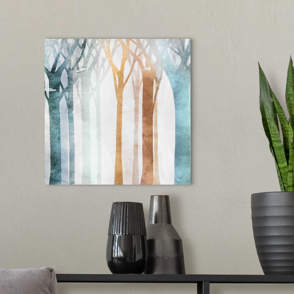 A modern room featuring Contemporary home decor artwork of colorful watercolor trees against a distressed background.
