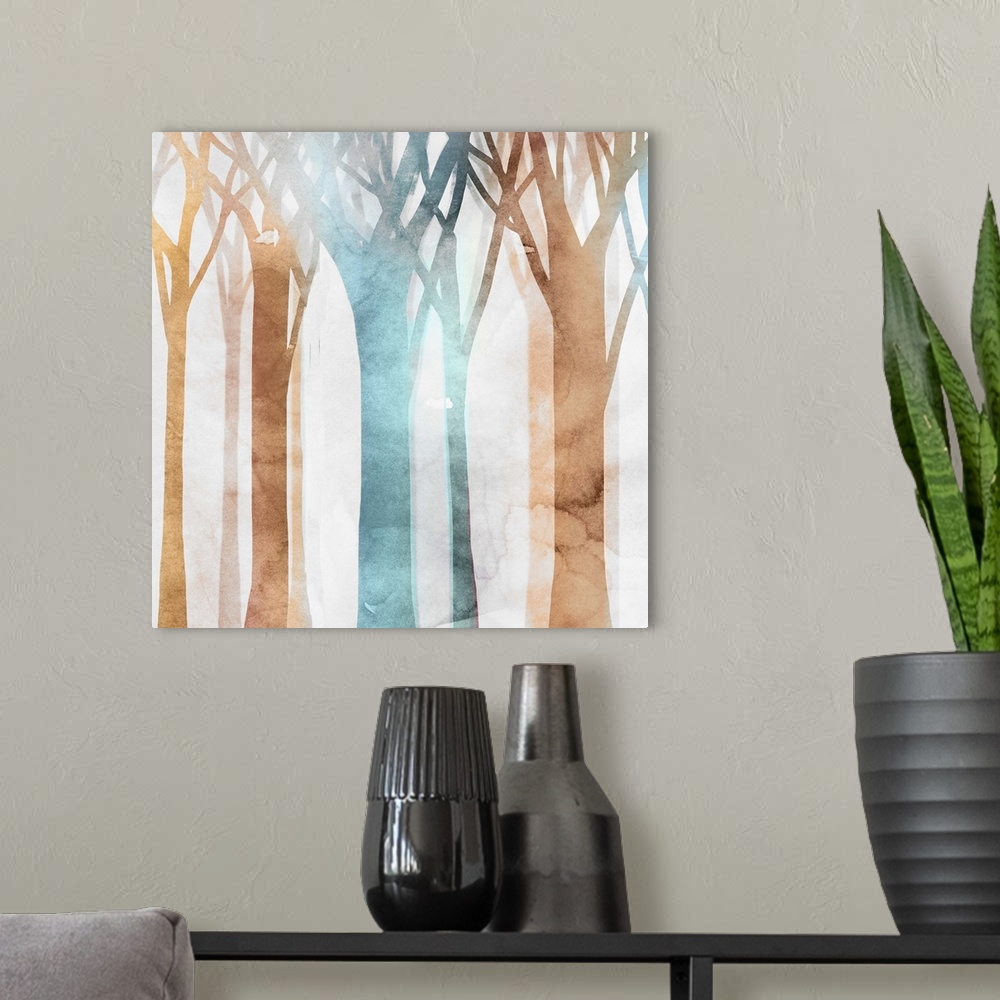 A modern room featuring Contemporary home decor artwork of colorful watercolor trees against a distressed background.