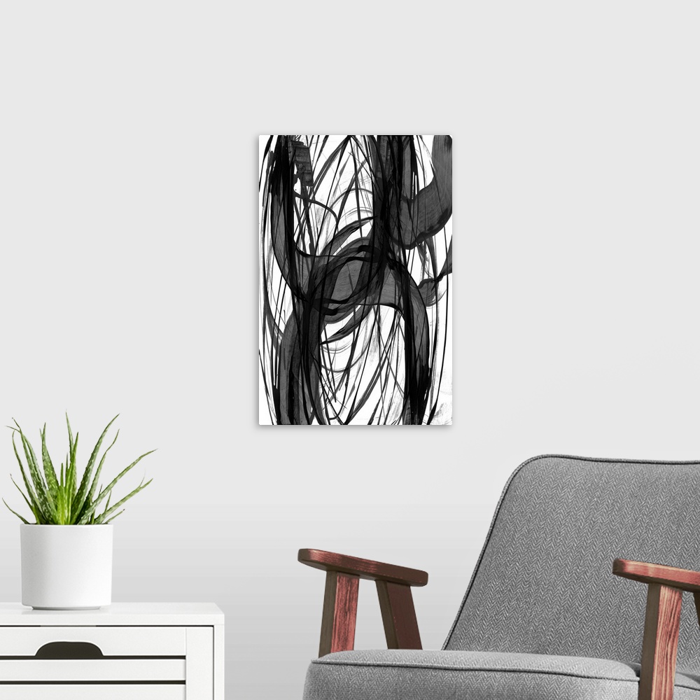 A modern room featuring Vertical abstract of varies overlapping rings of black in different widths.