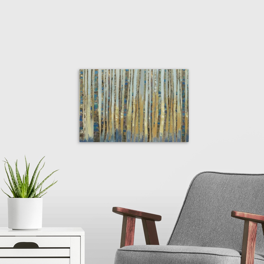 A modern room featuring Contemporary home decor artwork of a dense forest.