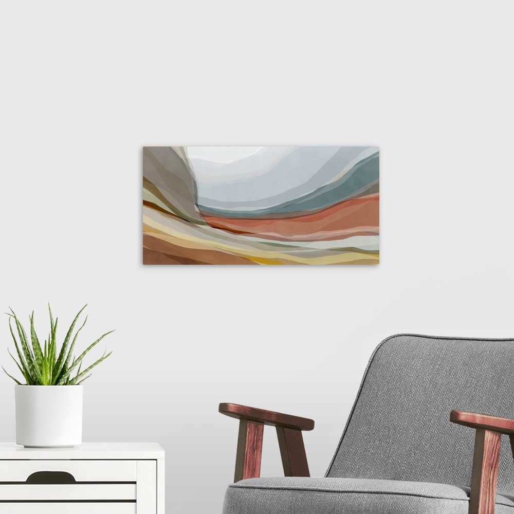 A modern room featuring An organic, contemporary abstract art piece with curving layers of overlapping muted colors that ...
