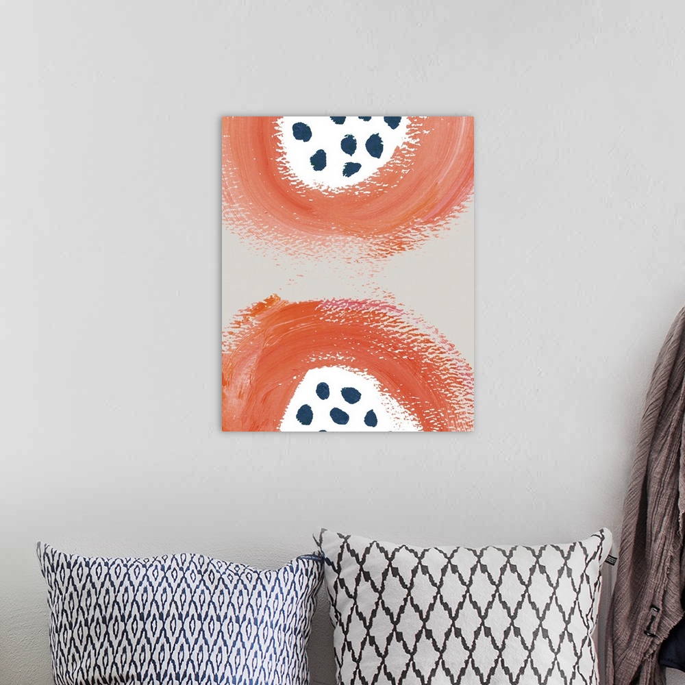 A bohemian room featuring Abstract painting of vibrant orange circles and blue dots
