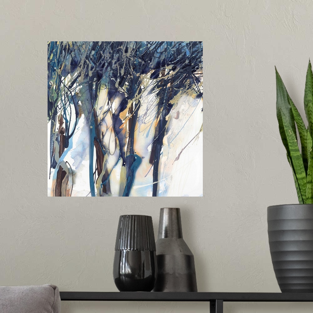 A modern room featuring Contemporary abstract painting resembling wind-blown navy blue trees on white.