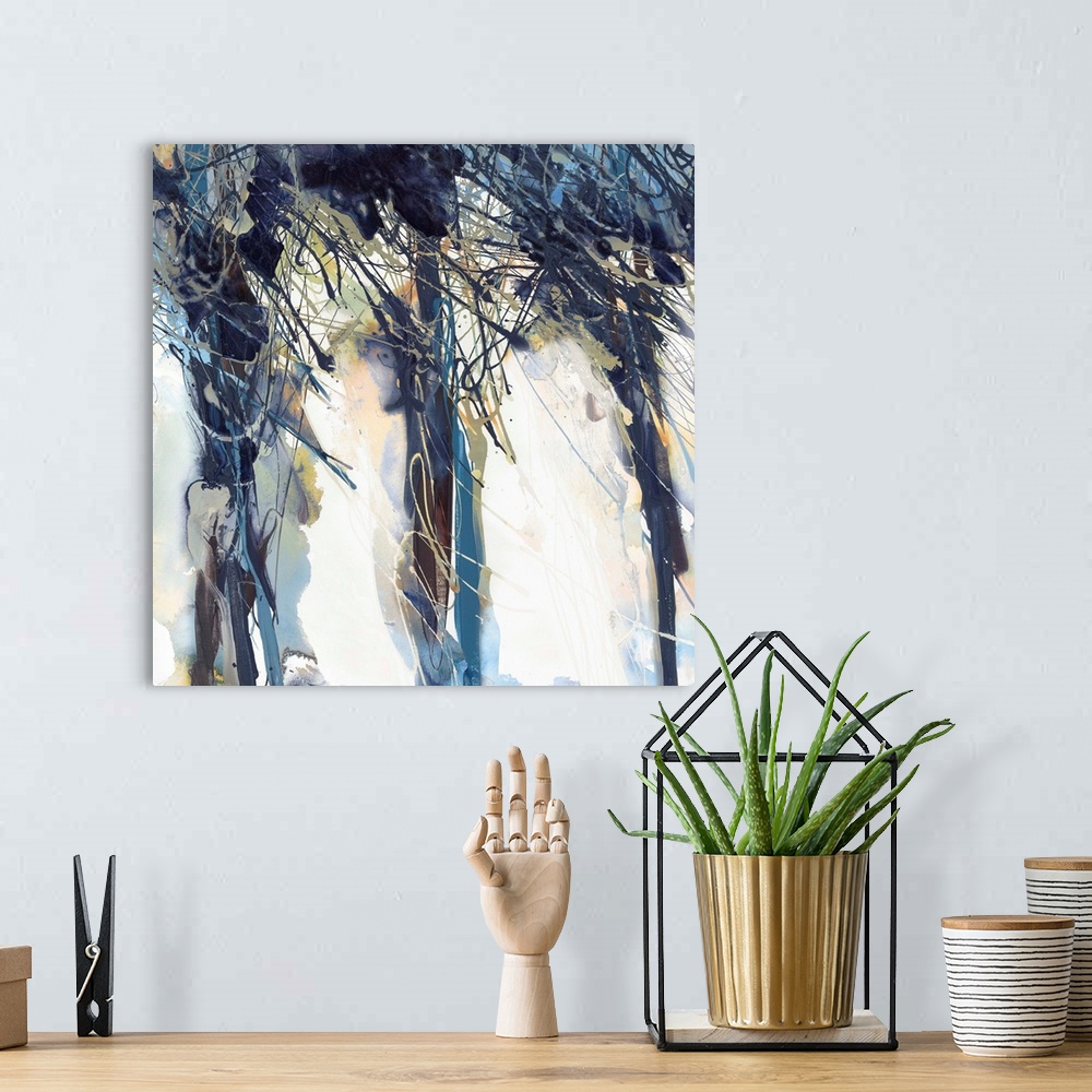 A bohemian room featuring Contemporary abstract painting resembling wind-blown navy blue trees on white.