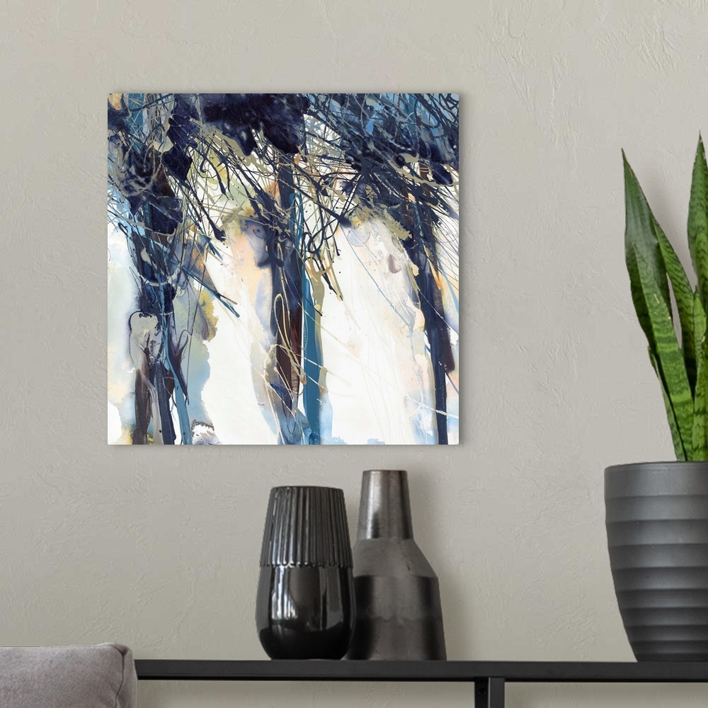 A modern room featuring Contemporary abstract painting resembling wind-blown navy blue trees on white.