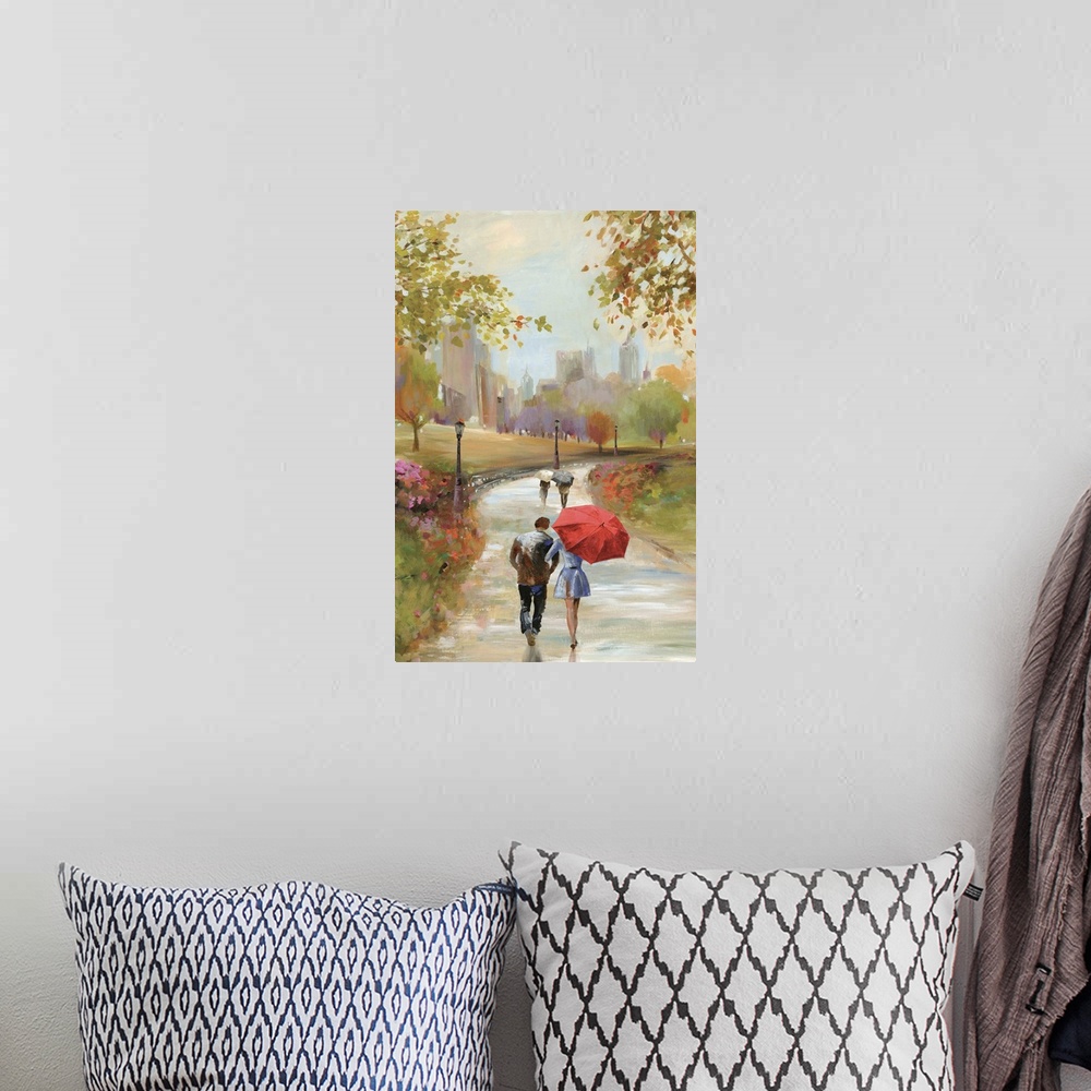 A bohemian room featuring A vertical painting of a park scene of couples walking along a path.