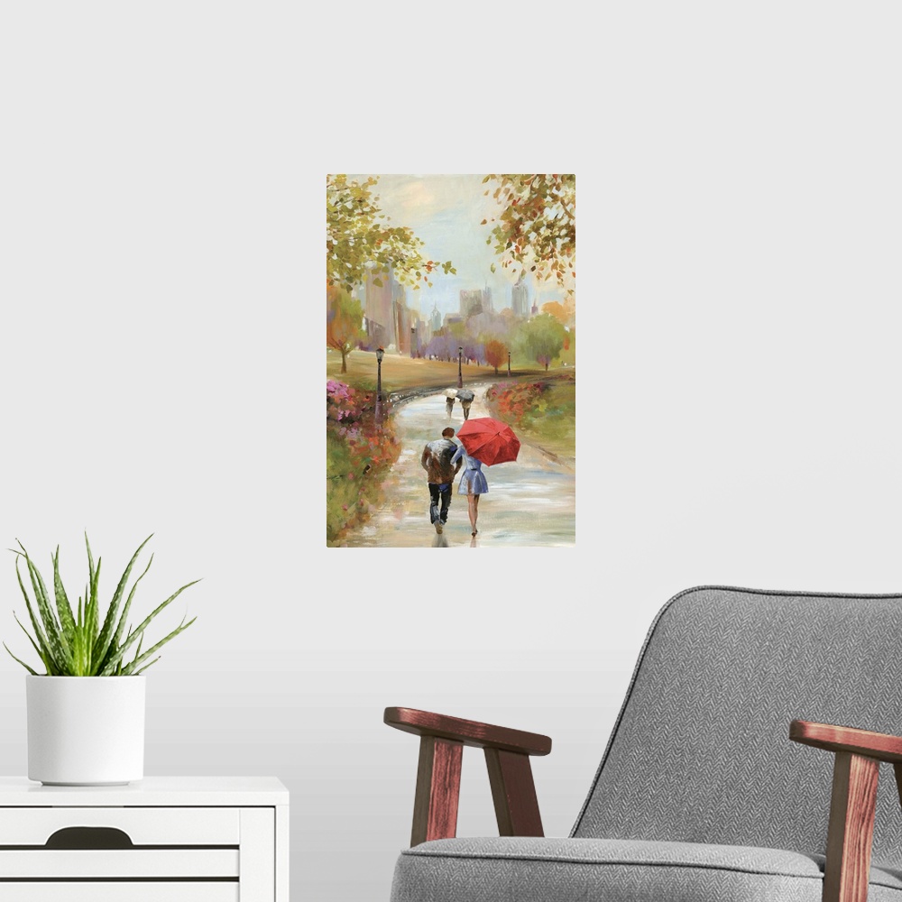 A modern room featuring A vertical painting of a park scene of couples walking along a path.
