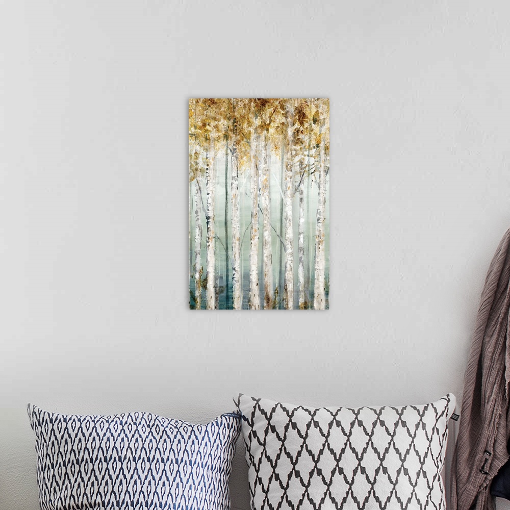 A bohemian room featuring Contemporary painting of rows of trees with textured leaves in gold.