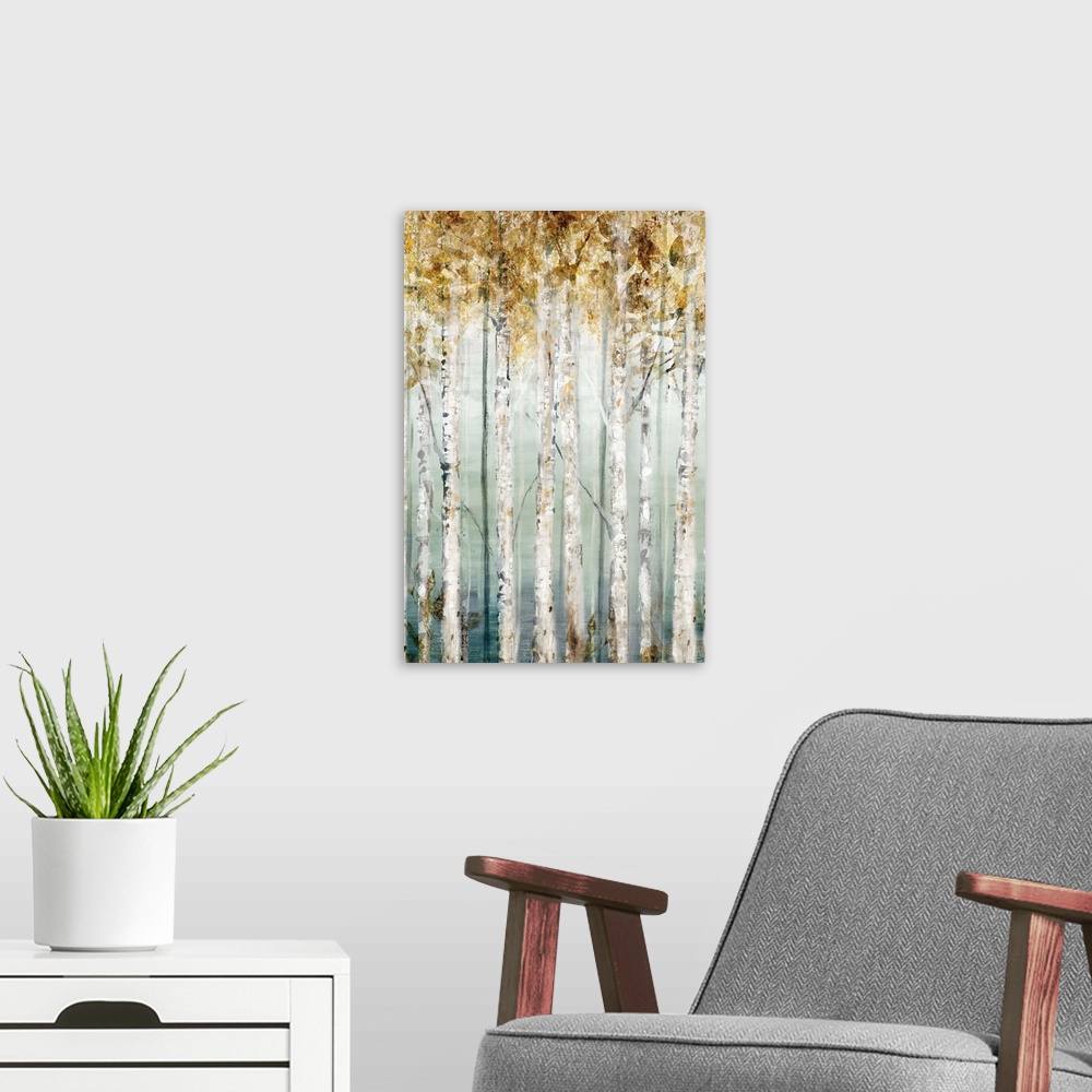 A modern room featuring Contemporary painting of rows of trees with textured leaves in gold.