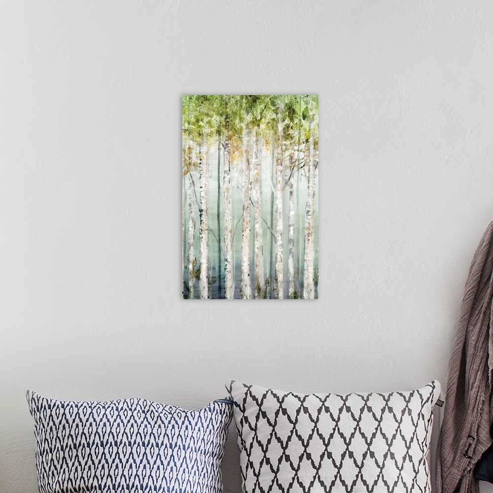 A bohemian room featuring Contemporary painting of rows of trees with textured leaves in green.