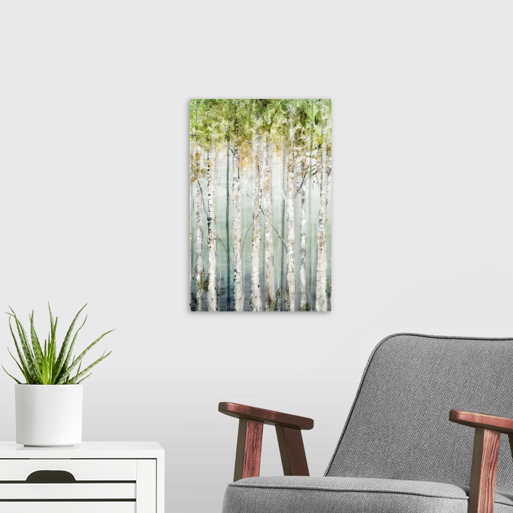 A modern room featuring Contemporary painting of rows of trees with textured leaves in green.