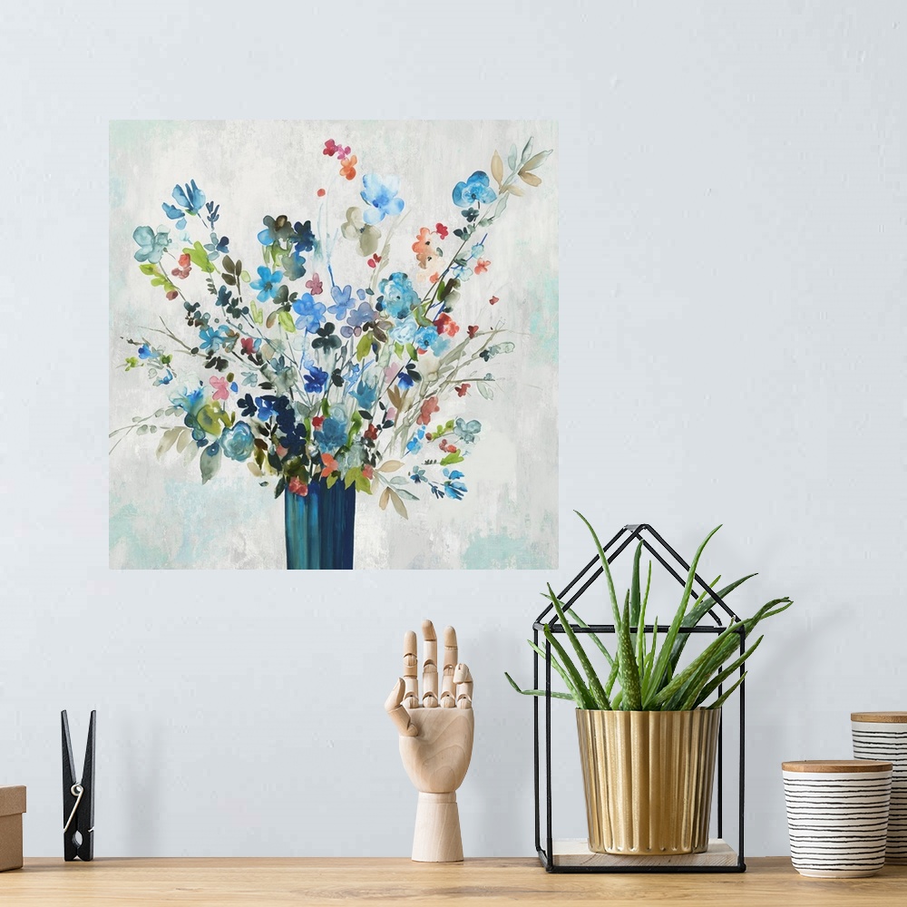 A bohemian room featuring Brightly colored watercolor bouquet on a neutral background.
