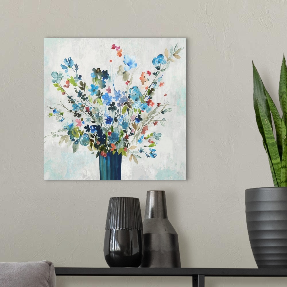 A modern room featuring Brightly colored watercolor bouquet on a neutral background.