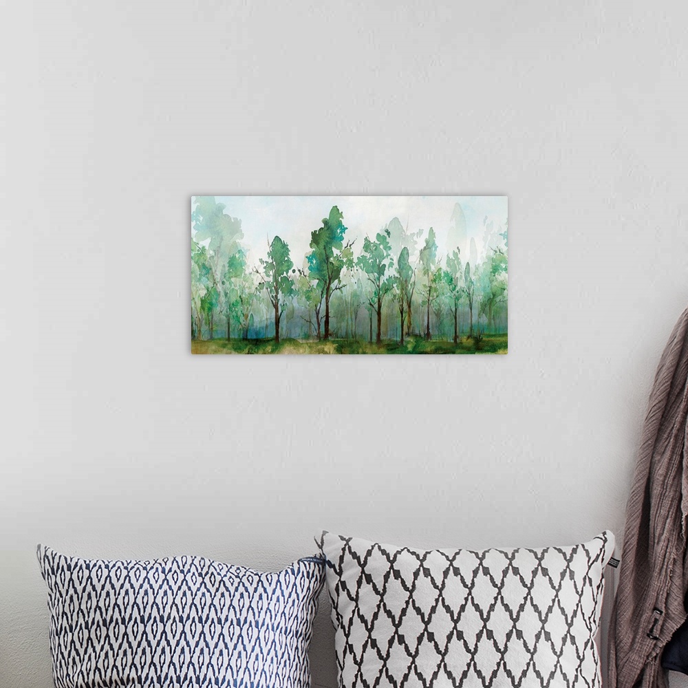 A bohemian room featuring Contemporary watercolor painting of rows of trees with faded trees in the background.
