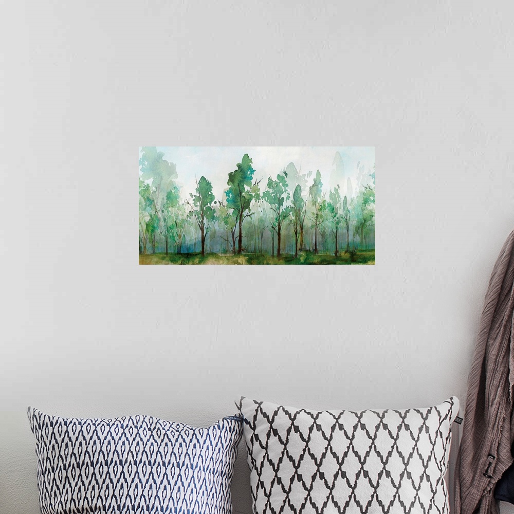 A bohemian room featuring Contemporary watercolor painting of rows of trees with faded trees in the background.