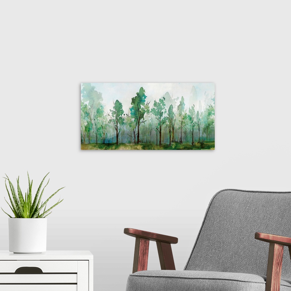 A modern room featuring Contemporary watercolor painting of rows of trees with faded trees in the background.