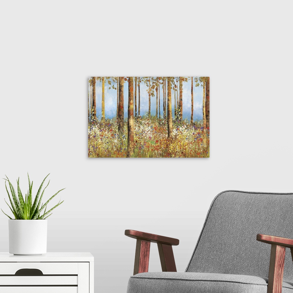 A modern room featuring Contemporary home decor artwork of a forest with a field of flowers.
