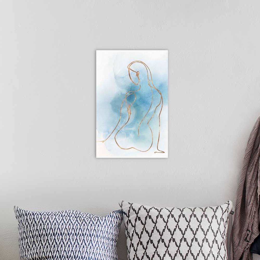 A bohemian room featuring Abstracted nude figure outlined in gold on a blue watercolor background.
