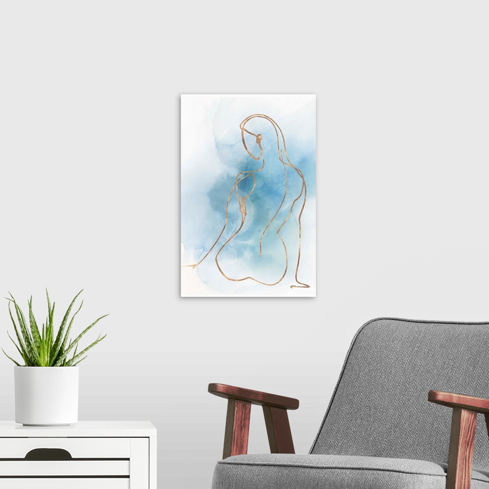 A modern room featuring Abstracted nude figure outlined in gold on a blue watercolor background.