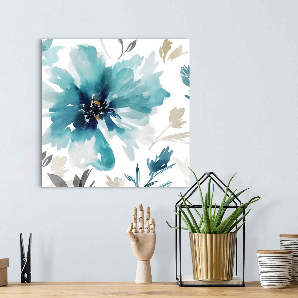 A bohemian room featuring Abstractly painted watercolor flowers in aqua.