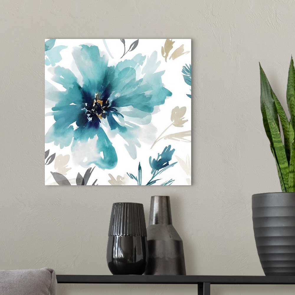 A modern room featuring Abstractly painted watercolor flowers in aqua.