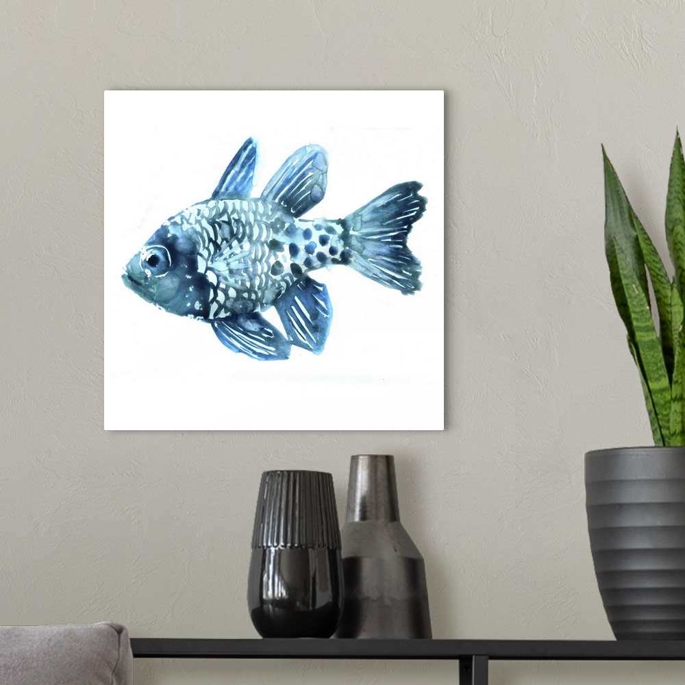 A modern room featuring Blue-toned watercolor painting of a tropical fish on white.