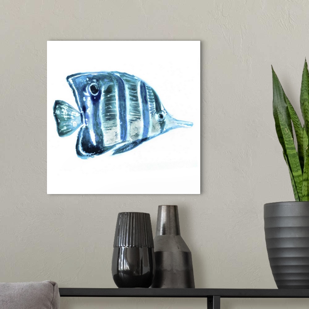 A modern room featuring Blue-toned watercolor painting of a tropical fish on white.
