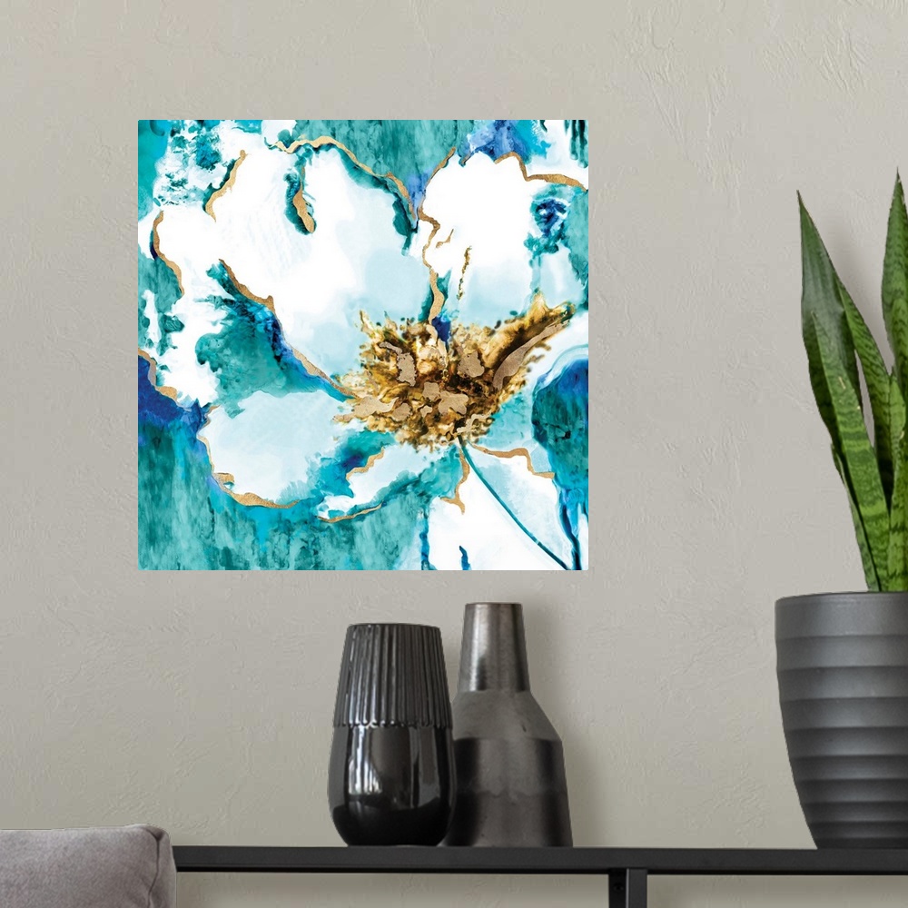A modern room featuring Abstract decor resembling a white flower with gold outlines on a square background made with shad...