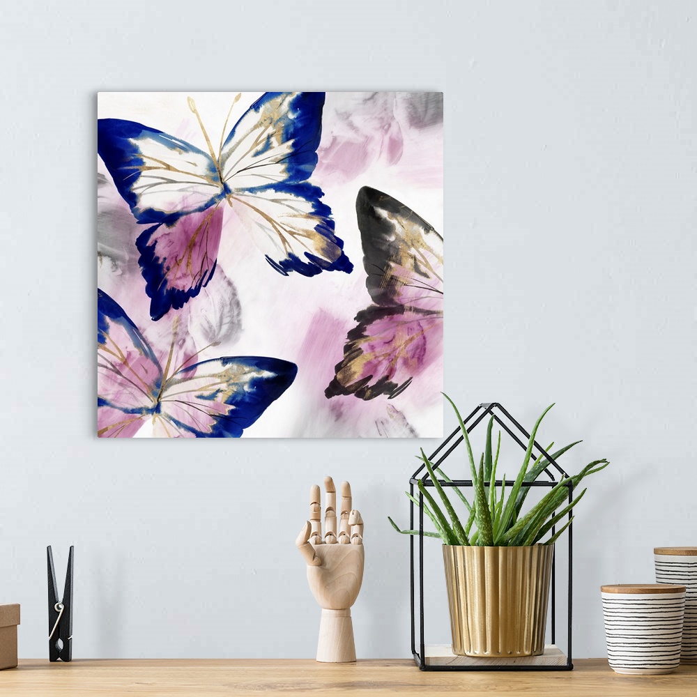 A bohemian room featuring Watercolor butterflies in violet and bright cobalt blue.