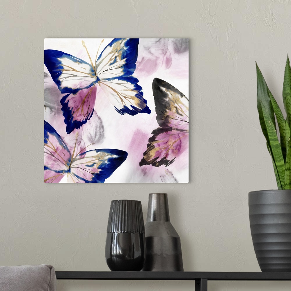 A modern room featuring Watercolor butterflies in violet and bright cobalt blue.