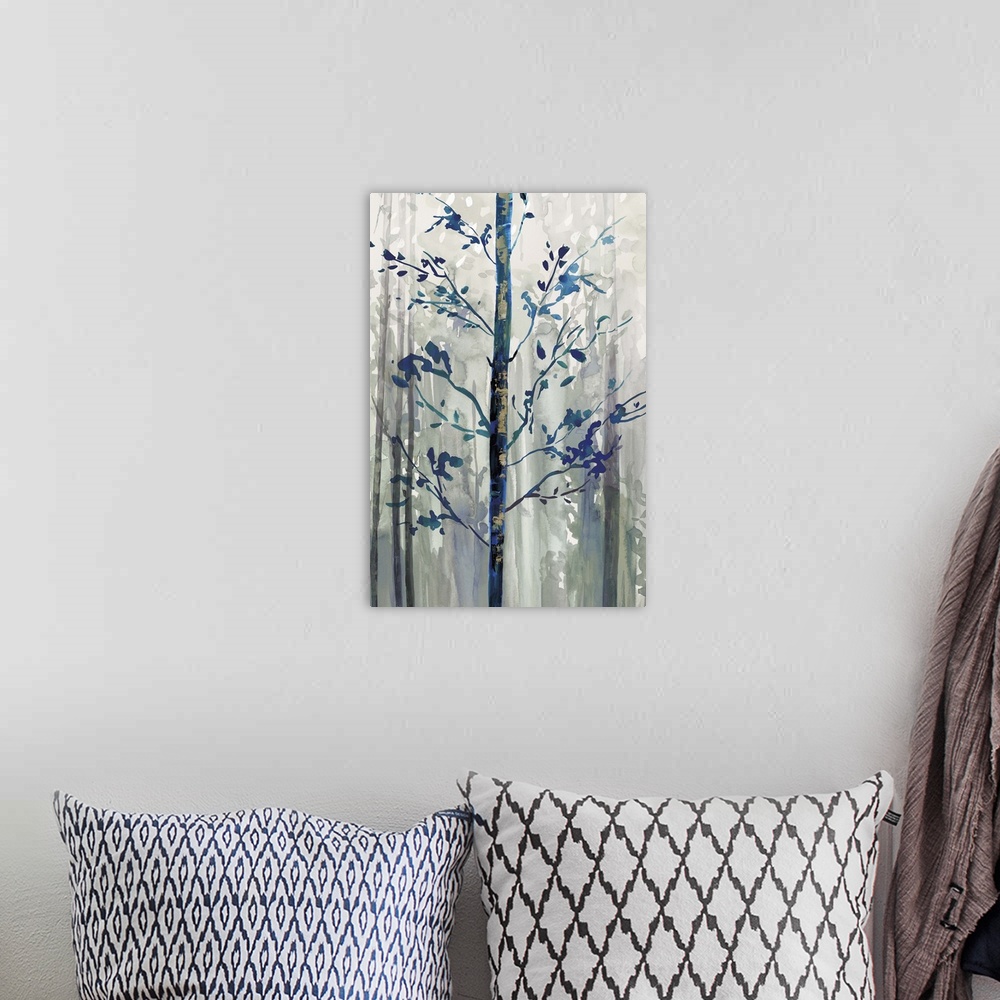 A bohemian room featuring Contemporary home decor artwork of a forest of a dark blue trees.