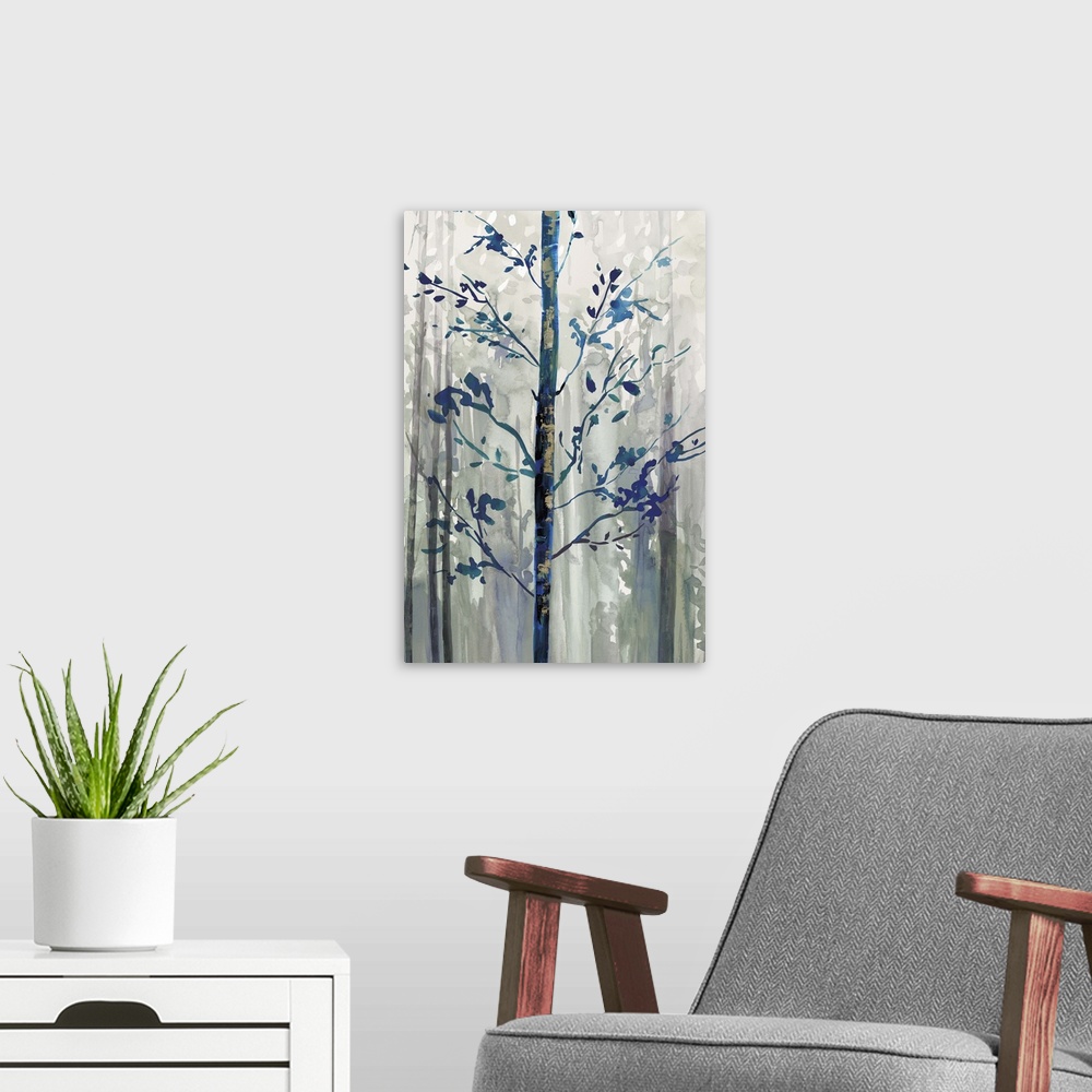 A modern room featuring Contemporary home decor artwork of a forest of a dark blue trees.