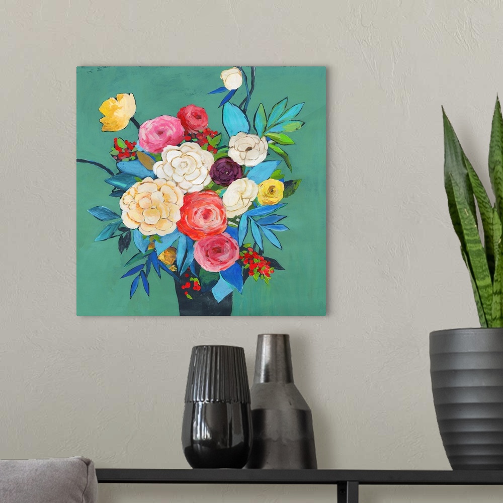 A modern room featuring Brightly colored floral bouquet on a teal background.