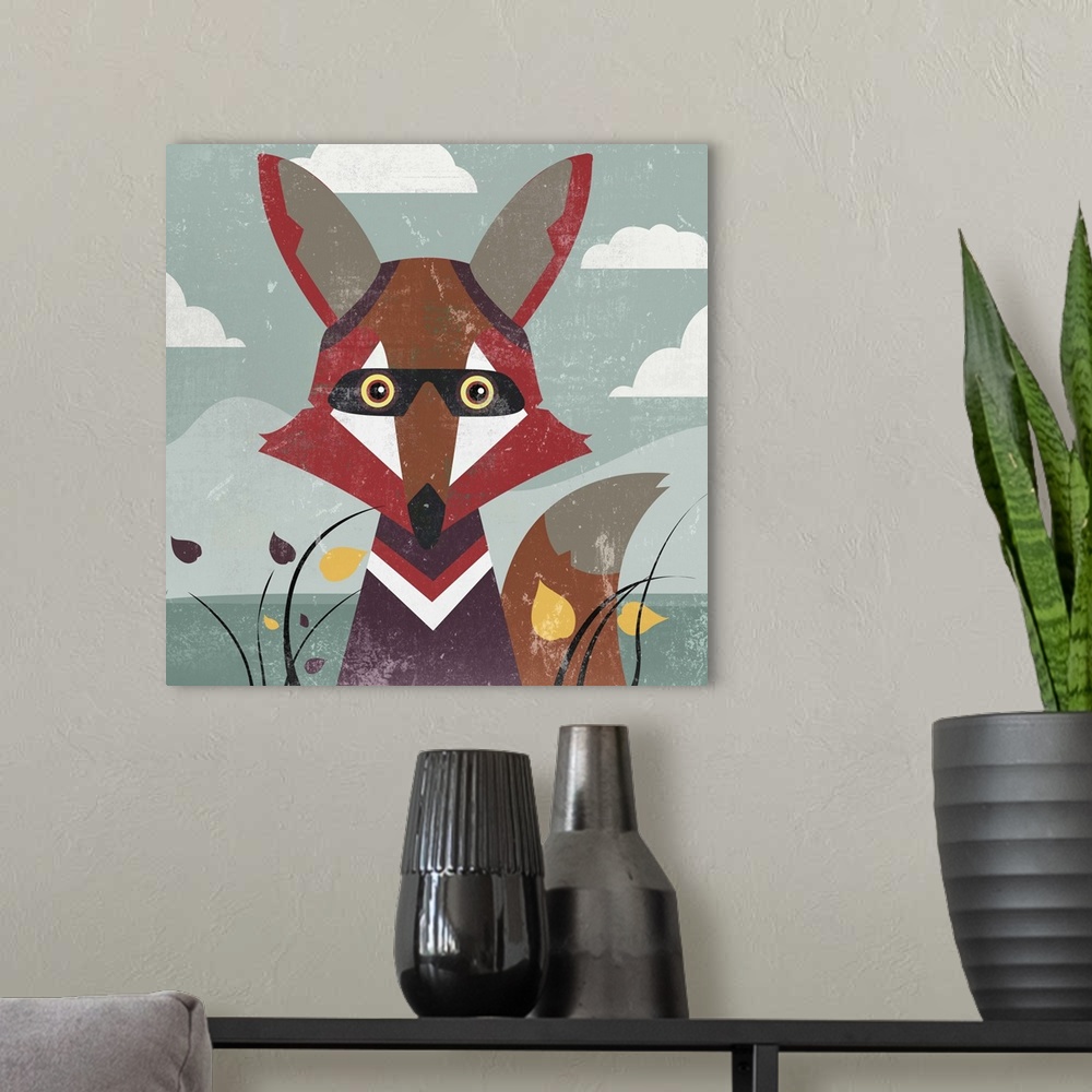 A modern room featuring Contemporary home decor artwork of a red fox among flowers and tall grass.
