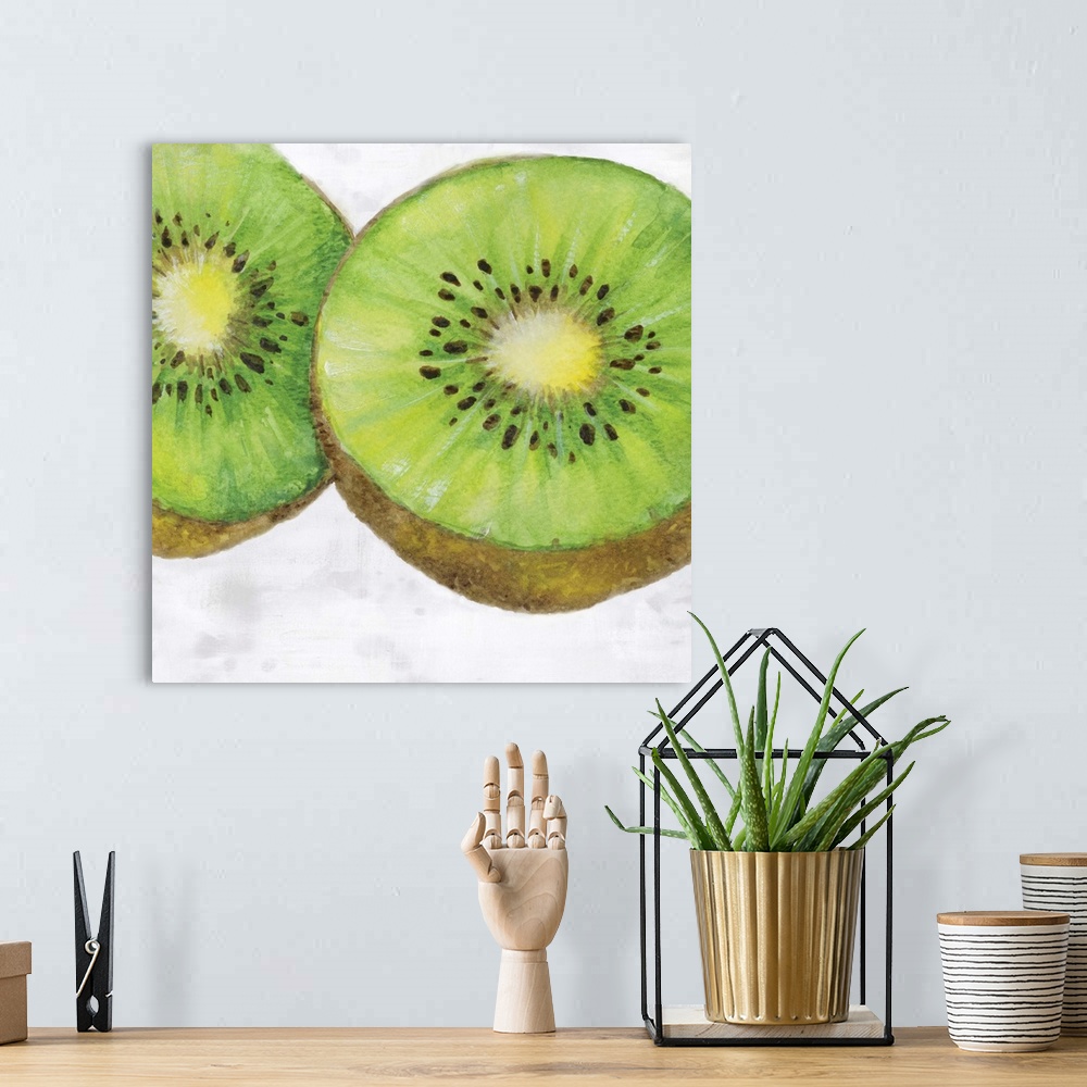 A bohemian room featuring Contemporary watercolor painting of a kiwi split in half on a white and gray square background.