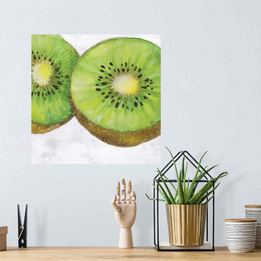 A bohemian room featuring Contemporary watercolor painting of a kiwi split in half on a white and gray square background.