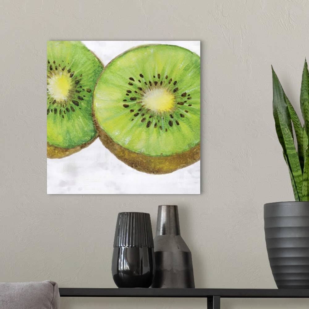 A modern room featuring Contemporary watercolor painting of a kiwi split in half on a white and gray square background.