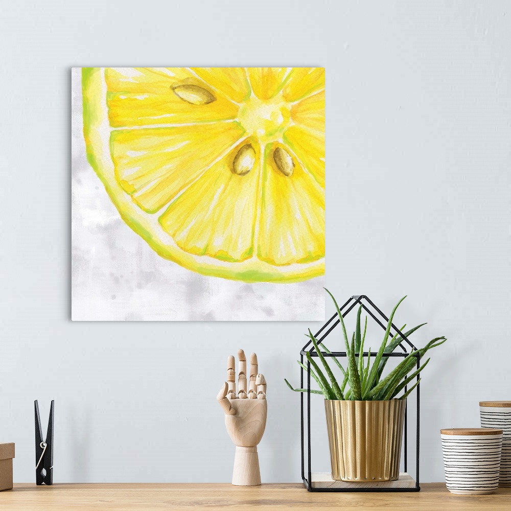 A bohemian room featuring Contemporary painting of a sliced lemon with seeds on a white and gray square background.