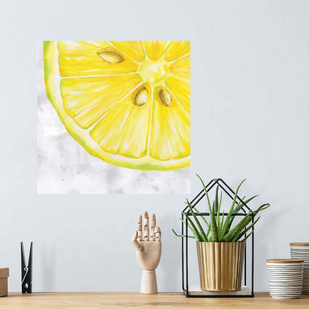 A bohemian room featuring Contemporary painting of a sliced lemon with seeds on a white and gray square background.