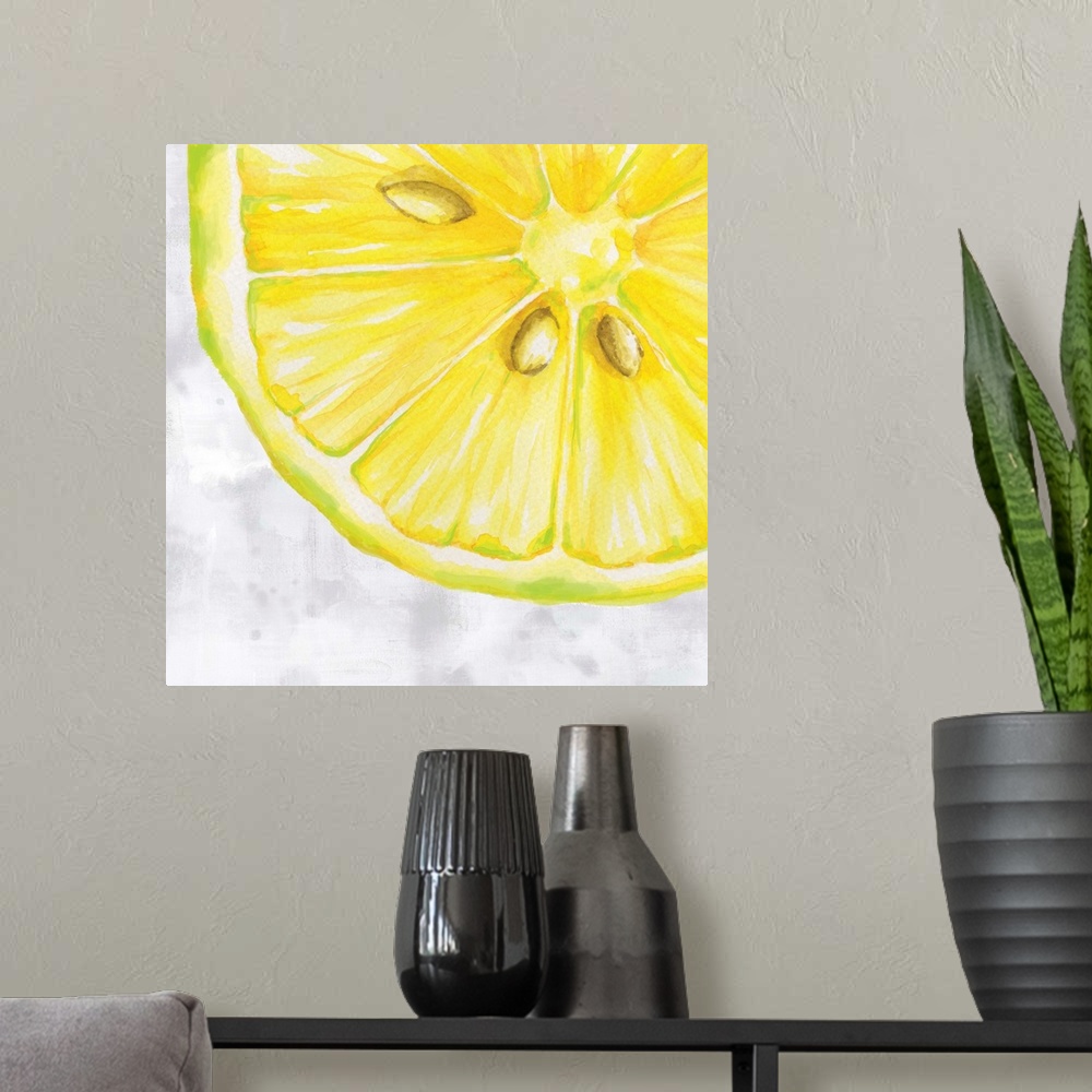 A modern room featuring Contemporary painting of a sliced lemon with seeds on a white and gray square background.