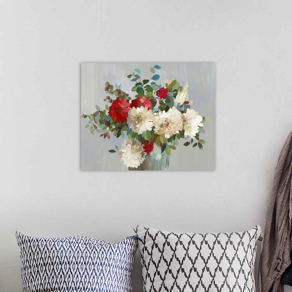 A bohemian room featuring Painting of a floral bouquet on a gray background.