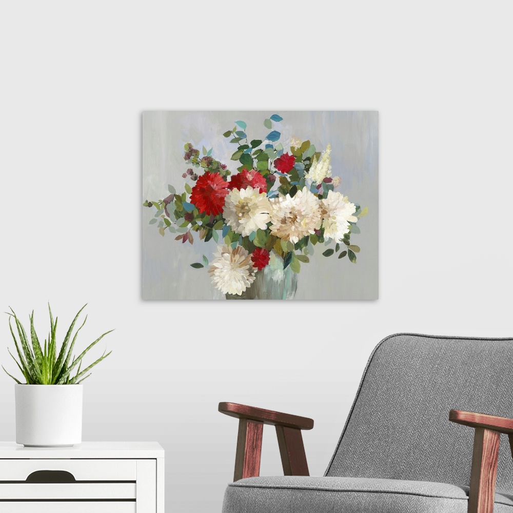 A modern room featuring Painting of a floral bouquet on a gray background.