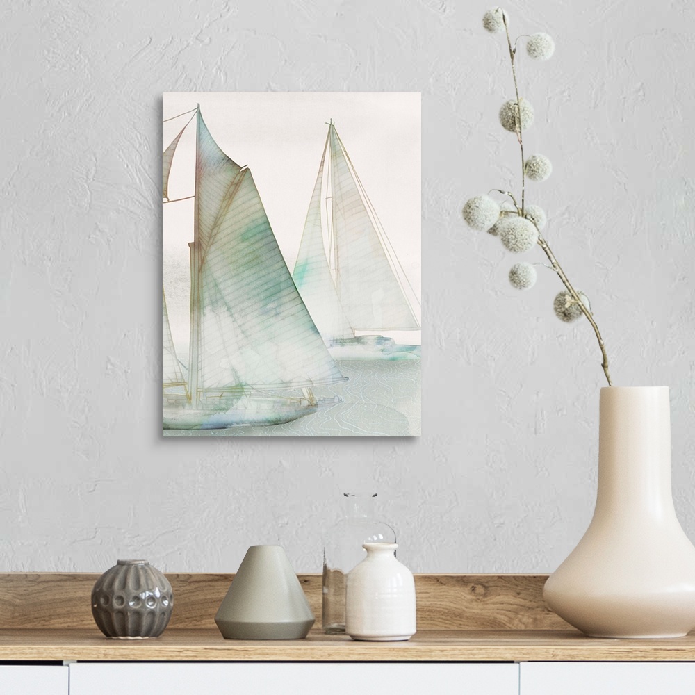 A farmhouse room featuring Watercolor painting of several sailboats in the mist.