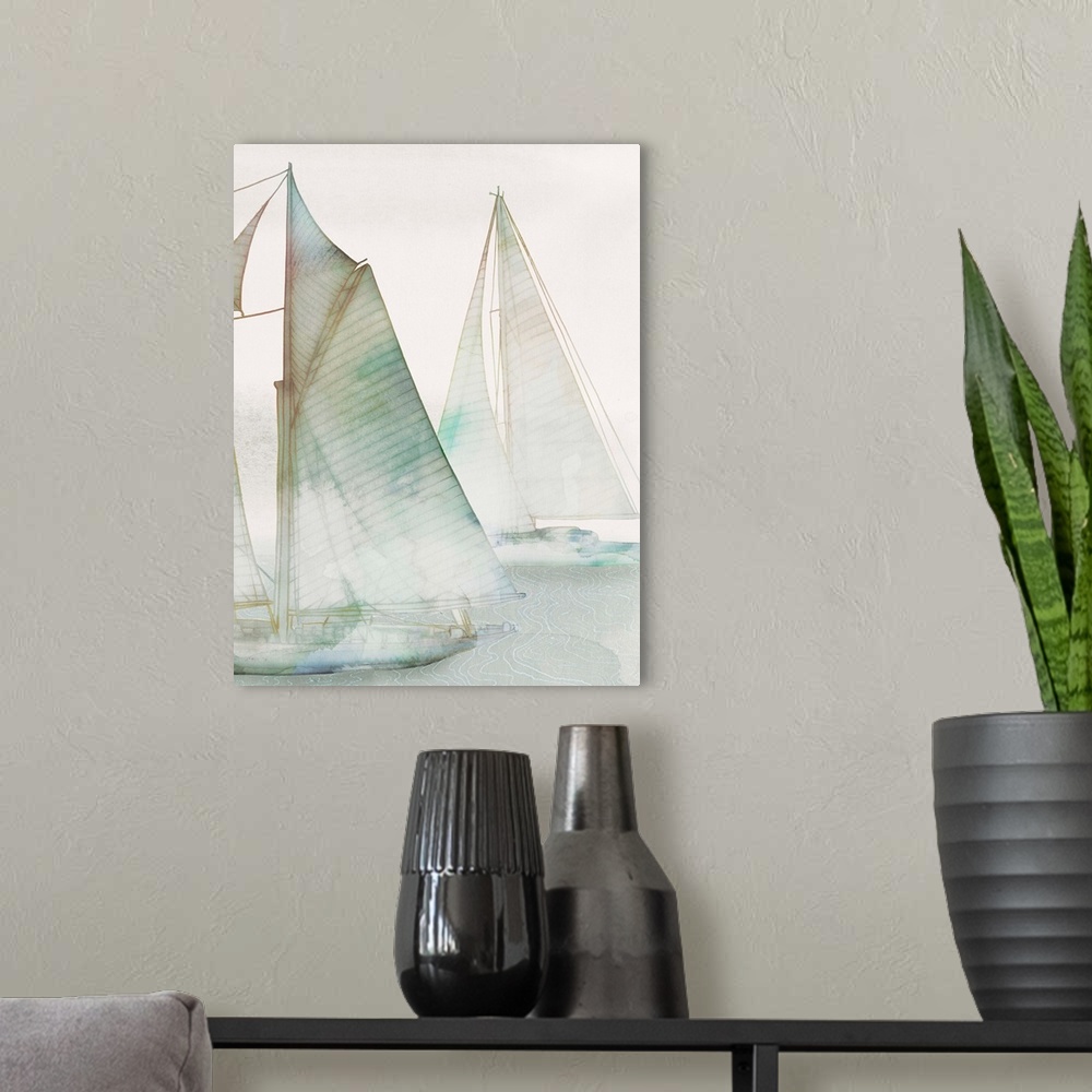 A modern room featuring Watercolor painting of several sailboats in the mist.