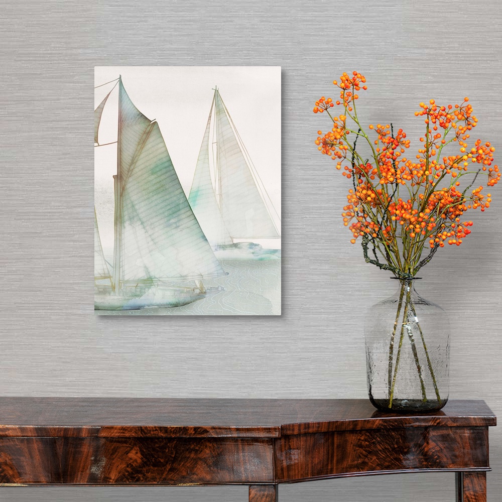 A traditional room featuring Watercolor painting of several sailboats in the mist.