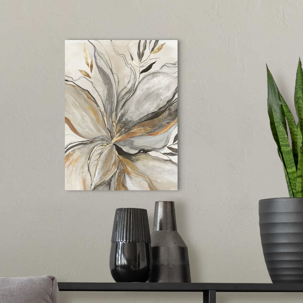 A modern room featuring Gold Charcole Flower I