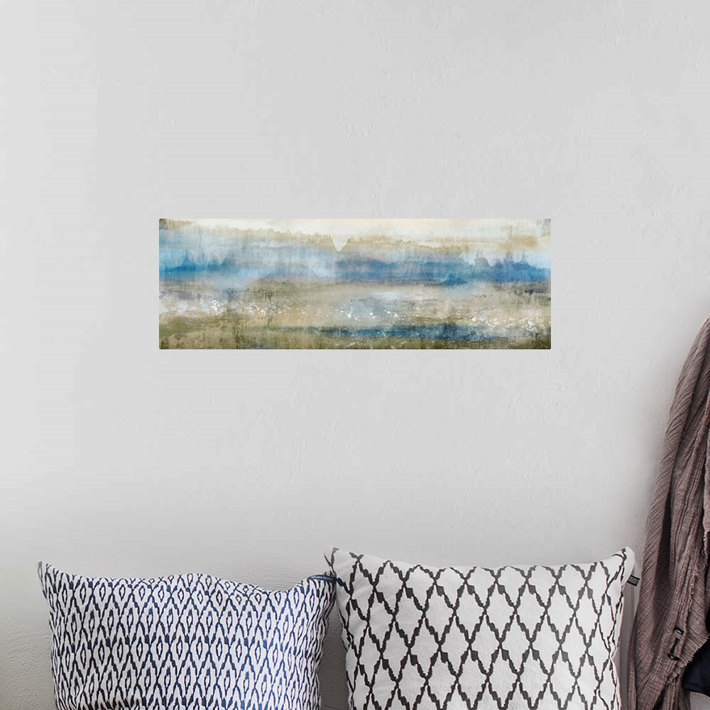 A bohemian room featuring Abstract contemporary painting in muted blue shades and earth tones.